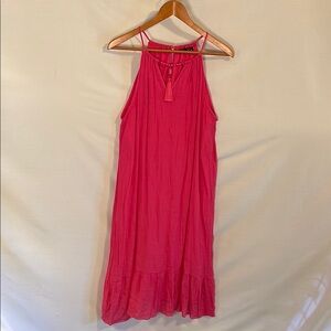 Mlle Gabrielle Hot Pink Sleeveless Sun Dress with Beaded Tassel Halter Neckline